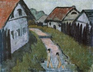 Badende Im Dorfbach by Otto Mueller