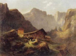 Alphutten Mit Personenstaffage Vor Gebirgskette by Jost Muheim