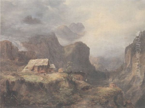 An Extensive Alpine Landscape With A Rustic Cottage, With Goats And A Figure In The Foreground - view 1