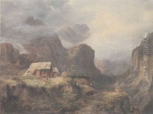 An Extensive Alpine Landscape With A Rustic Cottage, With Goats And A Figure In The Foreground by Jost Anton Muheim