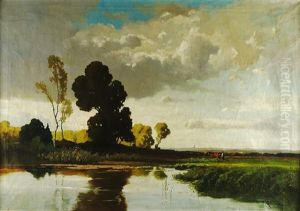 Grose Baumgruppe Am Ufer Eines Teiches, Rechts Ein Pflugender Bauer by Josef Muehlbeck