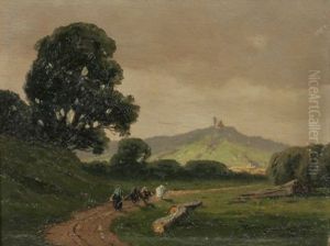 Weite Landschaft Mit Hirtin Auf Dem Heimweg, Im Hintergrund Eine Kirche Auf Einem Berg by Josef Muehlbeck