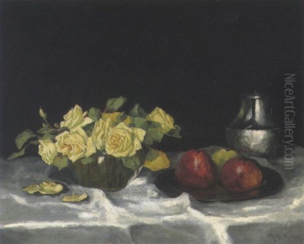 Stilleben Mit Weisen Rosen Und Apfeln - view 1