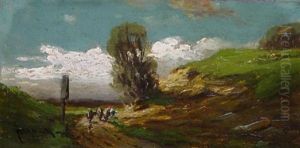 Sommeridylle. Bauer Mit Vieh Am Wegekreuz by Josef Muehlbeck