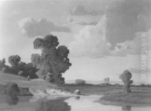 Fluslauf In Voralpenlandschaft Mit Kornernte by Josef Muehlbeck