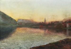 Dorf An Einem Gebirgssee In Der Dammerung by Georg Muehlberg