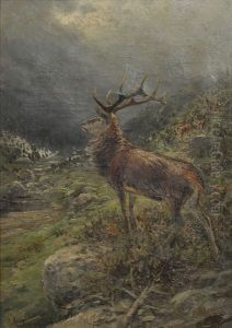 Gebirgslandschaft, Im Vordergrund Rothirsch, Im Hintergrund 4 Hirschkuhe