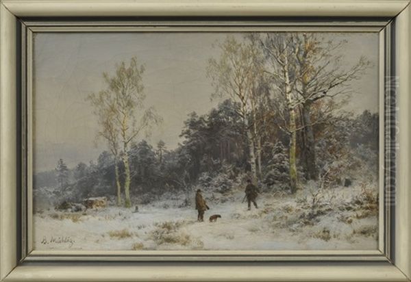 Winterlandschaft Mit Zwei Jagern Am Waldrand - view 1