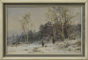 Winterlandschaft Mit Zwei Jagern Am Waldrand by Bernhard Muehlig