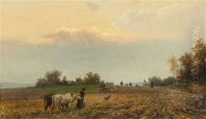Bauern Auf Dem Feld Jager Am Weiher by Bernhard Muehlig