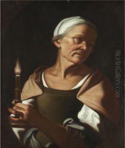 An Old Lady Holding A Candle by Trophime Bigot