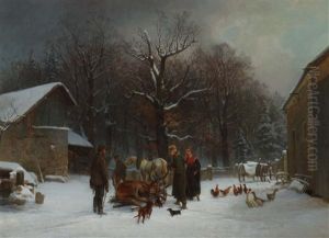 Nach Der Jagd, Szene Mit Heimkehrenden Jagern Mit Erlegtem Hirsch Auf Dem Schlitten, Auf Verschneitem Gehoft In Einer Waldlichtung
