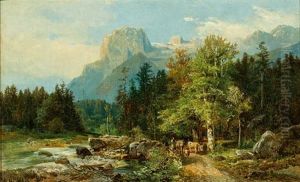 Hochgebirgslandschaft Mit Gebirgsbach, An Dessen Ufer Eine Hirtin Kuhe Zur Tranke Fuhrt by Bernhard Muehlig