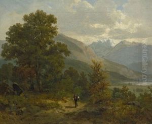 Alpenlandische Landschaft Mit Wanderer