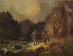 Gebirgslandschaft: Eine Alte Reisigsammlerin Und Ein Knabe Werden Von Einem Alten Jager Belehrt by Bernhard Muehlig