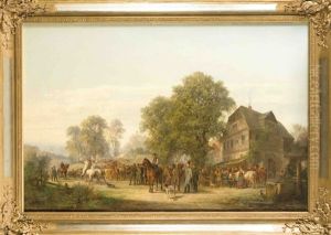 Pferdemarkt Mit Ausblick Auf Eine Weite Landschaft Sowie Auf Eine Burgruine Im Zentrum (burg Stolpen?) Pferdemarkt Mit Ausblick Auf Eine Weite Landschaft Sowie Auf Eine Burgruine Im Zentrum (burg Stolpen?)