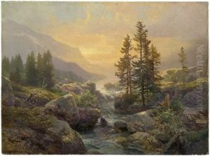 Gebirgslandschaft Mit Kleinem Bach Bei Sonnenuntergang