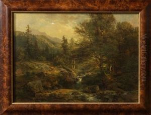Fisherman In Wooded Stream by Bernhard Muehlig