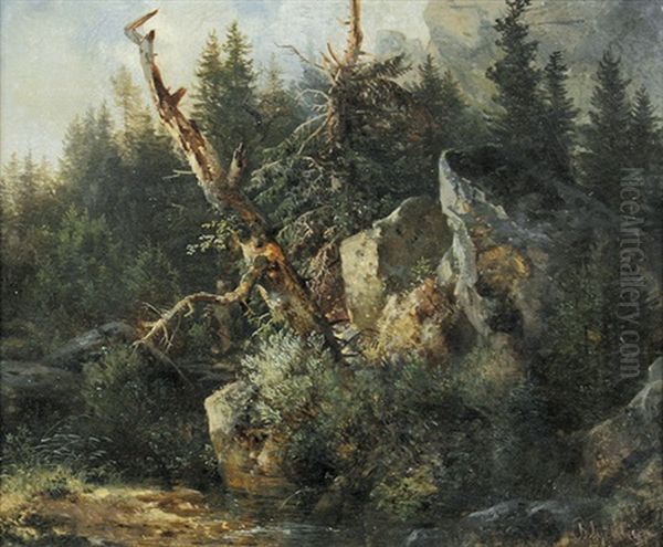 Felsige Landschaft Mit Jager Nahe Dem Bach Im Vordergrund - view 1