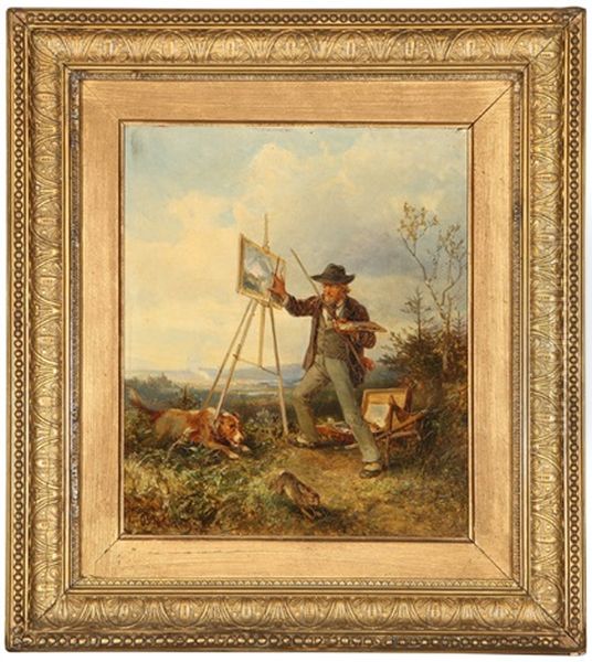 Artist At His Easel Outdoors Amid A Dog And Rabbit Chase - view 1