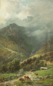 Sommerliche Alpenlandschaft Mit Kuhen by Bernhard Muehlig