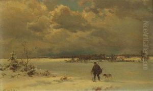 Wanderer Mit Hund In Winterlandschaft