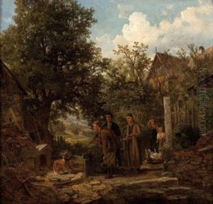 Begegnung Mit Dem Hund Auf Dem Hof by Bernhard Muehlig