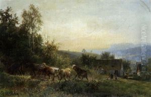 Hutebuben Mit Rinderherde Am Rande Eines Gebirgsdorfes