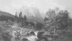 Landschaft Mit Kuhen Und Einem Angler, Eine Bergkette Im Hintergrund thumbnail