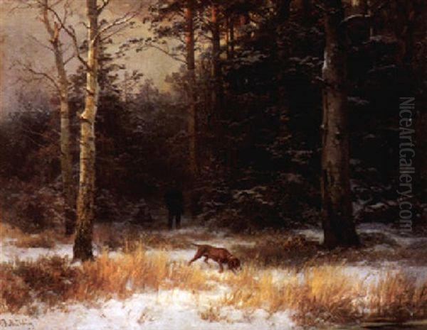 Auf Der Pirsch. Jager Mit Hund Im Winterwald - view 1