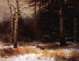Auf Der Pirsch. Jager Mit Hund Im Winterwald