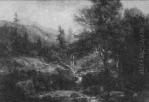 Fisherman In A Wooded Stream by Bernhard Muehlig