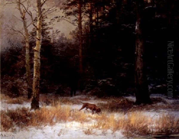 Auf Der Pirsch, Jager Mit Hund Im Winterwald - view 1