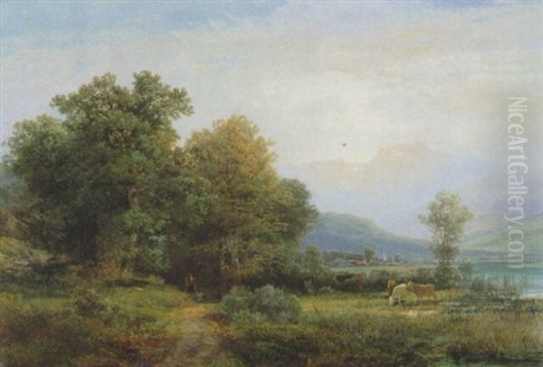 Bauer Mit Spitz Und Weidenden Kuhen - view 1