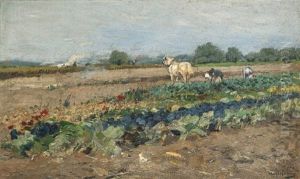 Field With Two Women And A Horse by Hugo Muehlig