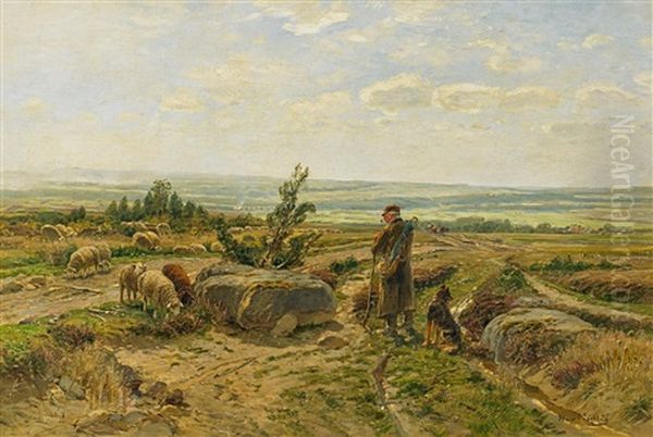 Schafer Mit Seiner Herde In Weiter Landschaft Bei Willingshausen - view 1