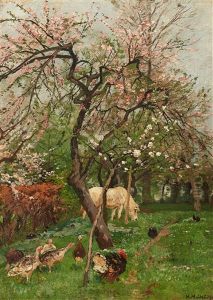 An Orchard In Bloom With Poultry And A Horse by Hugo Muehlig