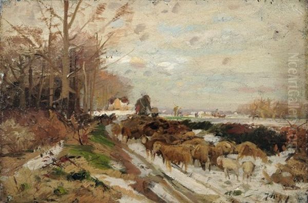 Winterlandschaft Mit Schafer Und Schafherde - view 1