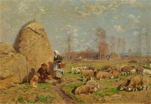 Summer Landscape With A Peasant Couple And Sheep by Hugo Muehlig