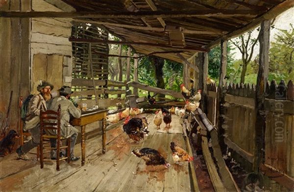 Two Hunters Resting By A Chicken Coop - view 1