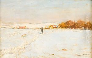Sonniger Wintertag. Im Schnee Jagersmann Mit Seinem Jagdhund. Im Hintergrund Dorfsilhouette by Hugo Muehlig