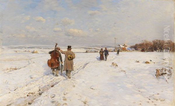 Heimkehrende Musikanten Im Schnee - view 1