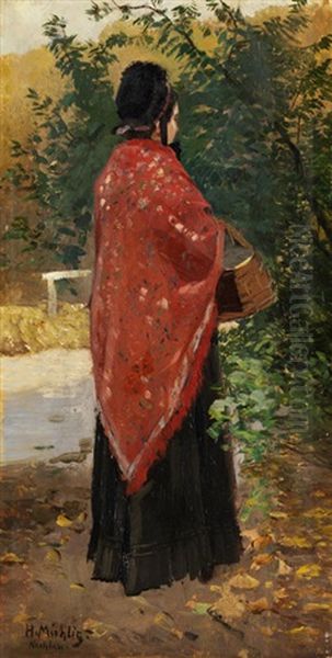 Frau In Schwarzem Kleid Mit Rotem Schultertuch Und Korb, In Einem Park Stehend - view 1