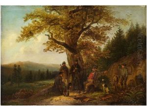 Jagdgesellschaft Bei Der Rast Unter Einem Eichenbaum by Hugo Muehlig