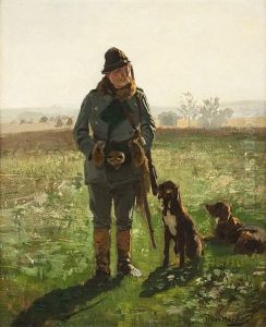 Jagersmann Mit Seinen Beiden Hunden Auf Freiem Feld Jagersmann Mit Seinen Beiden Hunden Auf Freiem Feld