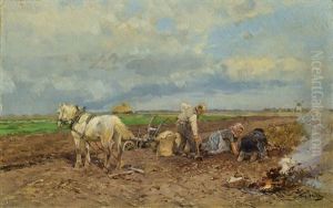 Pferdefuhrwerk Auf Dem Kartoffelfeld by Hugo Muehlig