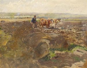 Bauer Mit Seinem Ochsengespann Beim Pflugen by Hugo Muehlig