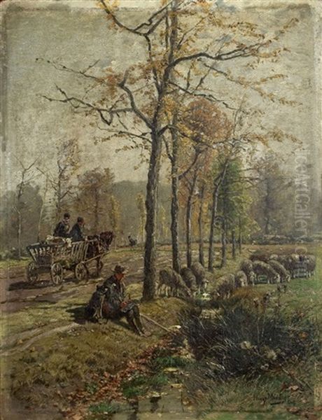 Grafenberger Allee Mit Schafherde Und Leiterwagen - view 1