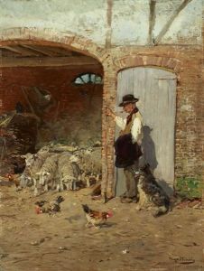 Shepherd With His Dog At The Barn by Hugo Muehlig