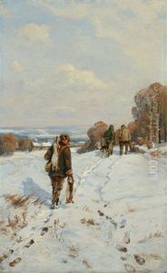 Jager In Verschneiter Landschaft by Hugo Muehlig